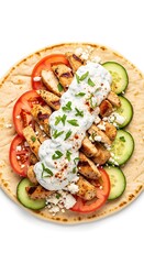 Delicious Chicken Gyro with Tzatziki Sauce, Tomatoes, and Cucumbers on Pita Bread.