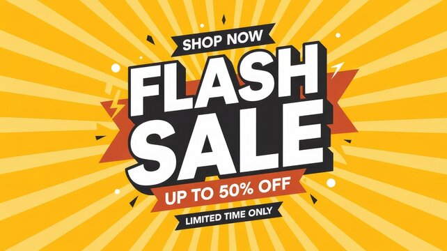 Dynamic graphic banner announces an urgent limited time flash sale offering customers up to fifty percent off all purchases immediately.