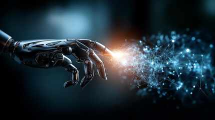 Faceless robotic hand interacting with a bright energy stream, glowing data flowing between mechanical fingers, artificial intelligence concept, abstract cyberspace, defocused
