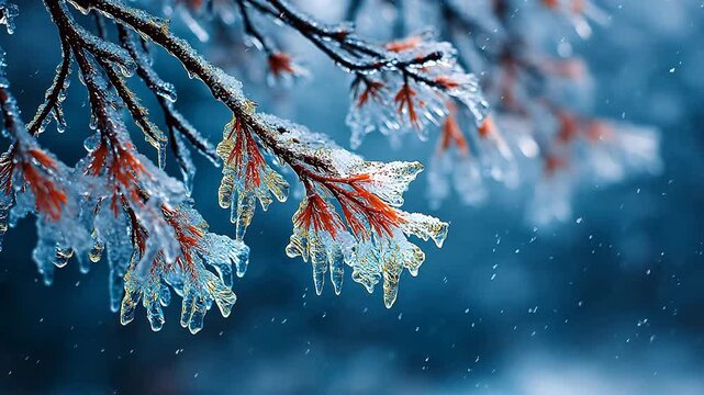 Frozen tree branches are covered in thick ice crystals with winter morning blue tones and soft falling snow in a cold atmosphere macro.
