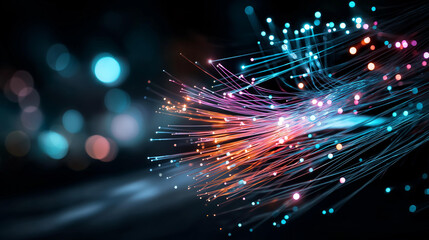 Fiber optic strands transmitting colorful light pulses, high-speed data connection, digital network infrastructure, abstract technology background, motion blur, defocused depth,