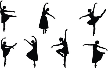 Stylized ballerina silhouette set, graceful ballet poses, black figure motion, tutu and dress design, vector dance illustration © MdGolam