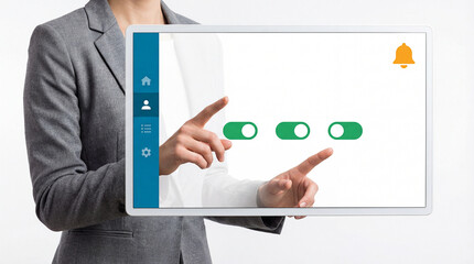 woman in gray blazer interacting with a digital interface on a screen