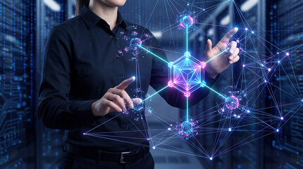 Woman interacting with virtual network connections and data points in server room