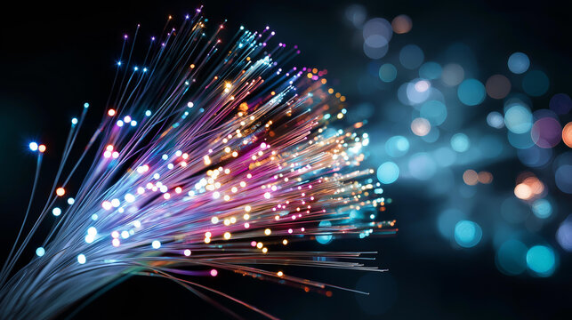 Fiber optic strands transmitting colorful light pulses, high-speed data connection, digital network infrastructure, abstract technology background, motion blur, defocused depth, - Powered by Adobe