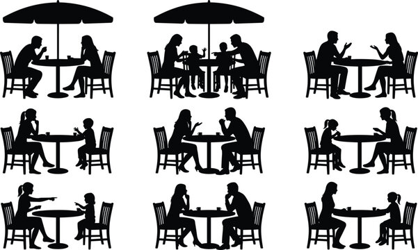 People dining silhouettes set showing family couple and friends sitting at cafe tables with umbrella black vector illustration