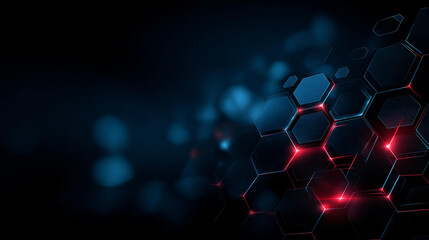 Dark blue hexagonal digital pattern with subtle red glow, futuristic science and technology background, abstract geometry, minimal design, defocused texture, with copy space