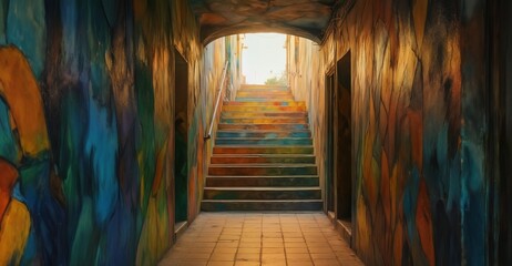 Obraz premium colorful painted staircase leading to bright daylight through an arched doorway