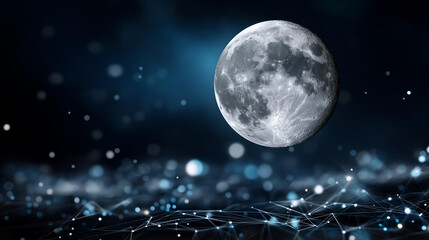 Moon suspended in a dark sky surrounded by glowing digital network lines, abstract sci-fi concept, cosmic data web, futuristic technology, soft focus stars, with copy space