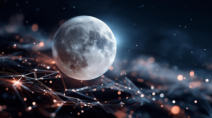 Moon suspended in a dark sky surrounded by glowing digital network lines, abstract sci-fi concept, cosmic data web, futuristic technology, soft focus stars, with copy space
