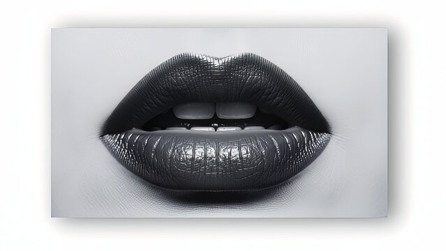A close up view of a pair of glossy black lips with white teeth on a gray background