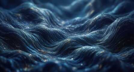 abstract dark blue ocean waves with golden sparkling particles, fluid art background.