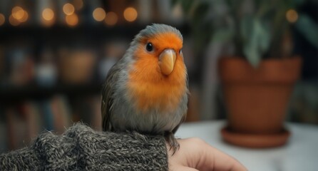 Obraz premium close-up of a colorful peach-faced lovebird perched on a cozy knit sleeve with a potted plant in the blurred background.