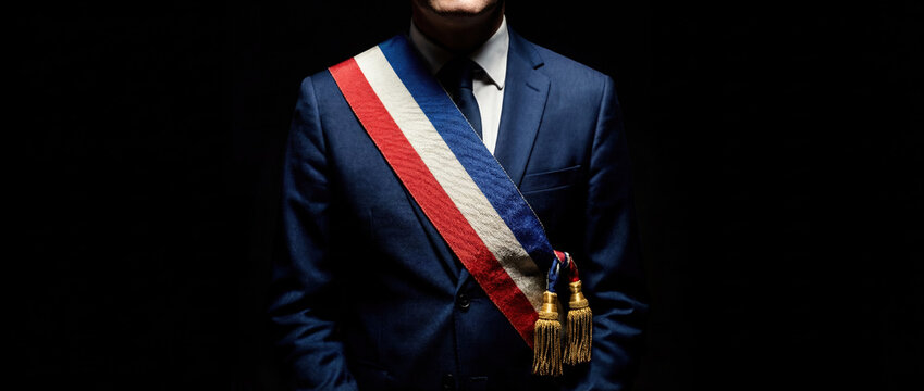 Torso of French elected official wearing tricolor sash with gold tassels over blue suit. Symbol of the Republic, Mayor or Deputy authority against black background.