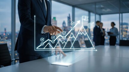 Businessman analyzing growth performance,with digital data chart of progress,goals and success planning strategy on a futuristic virtual screen in a corporate office