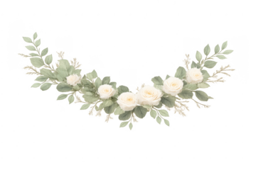 Watercolor white roses and greenery floral garland border