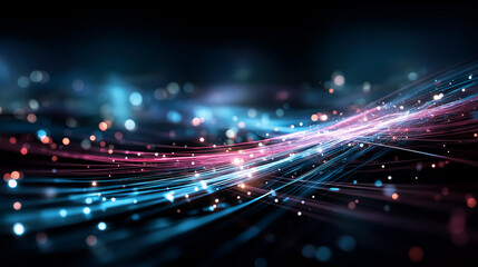 Vibrant glowing data streams in blue and pink tones, abstract futuristic motion, cyber network, information transfer, motion blur, defocused background, with copy space