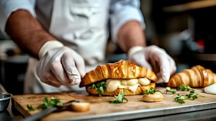 Paris, France, Europe. A closeup shot of a chef meticulously preparing a croissant sandwich in a professional kitchen setting. The chefs hands are visible, wearing white gloves.