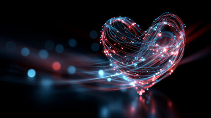 Abstract glowing heart formed from flowing digital particles and energy streams, futuristic technology concept, emotional data connection, innovation, AI, dark background, vibrant