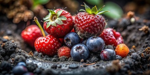 A vibrant cluster of ripe strawberries, blueberries, and other berries rests gently on dark soil, showcasing the natural beauty of freshly harvested summer fruits.