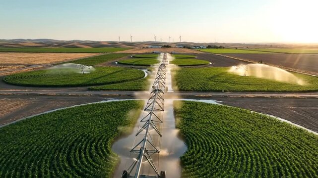 Aerial view of a center pivot irrigation system watering circular crop fields in a rural landscape during sunset