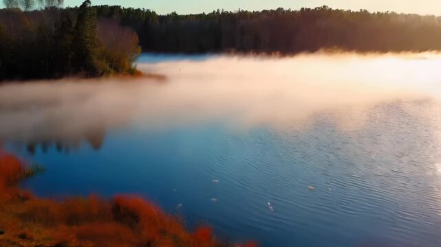 Morning Mist Over Calm Lake with Autumn Trees and Waterfowl