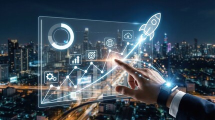 Futuristic digital dashboard showing business growth strategy with data chart,technology icons and rocket launch over modern city skyline at night