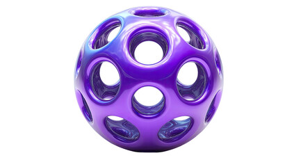 Glossy, spherical shape with holes, appearing three-dimensional against a stark black background