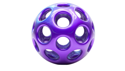 Glossy, spherical shape with holes, appearing three-dimensional against a stark black background