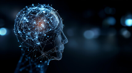 Blue glowing holographic human head without facial features, neural network connections inside, artificial intelligence thinking concept, dark cyberspace, soft focus, with copy