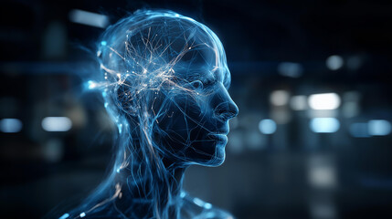 Blue glowing holographic human head without facial features, neural network connections inside, artificial intelligence thinking concept, dark cyberspace, soft focus, with copy