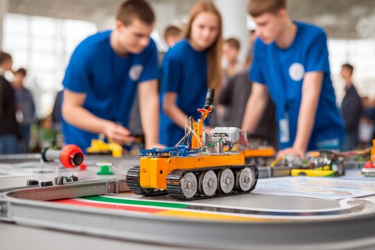 High school students in blue t-shirts working on a custom built robot during a robotics competition, representing stem education, teamwork, and future technology innovation