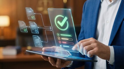 Businessman using futuristic tablet interface with digital checklist and document validation system,automation in compliance and approval processes