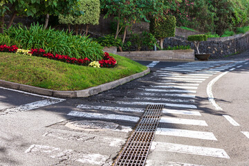 Street intersection features marked pedestrian crosswalk, raised grassy median with flowers, and metal storm drain grate set into asphalt pavement. Sunlight casts distinct shadows across road