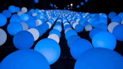 Rows of blue and white glowing orbs arranged in a dark room with a futuristic ambiance and lighting effects