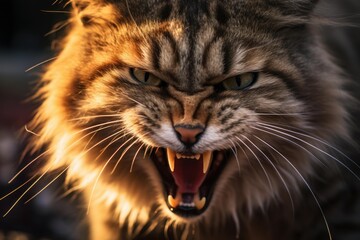 Cat showing aggression, hissing with wide open mouth and sharp fangs