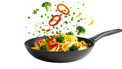 Colorful Vegetables and Fresh Pasta Being Sautéed in a Pan with a Transparent Background