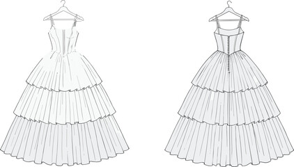 Women layered ball gown dress fashion technical flat front and back view elegant evening wear apparel illustration vector