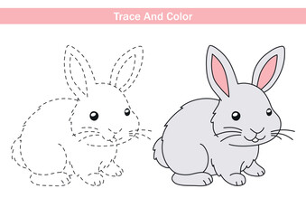 Educational worksheet with a bunny to trace and colour color. Dashed outline for tracing and a cute hare for kids fine motor skills practice and early learning activities.