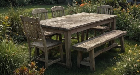 rustic wooden dining set in a lush garden setting with vibrant wildflowers.