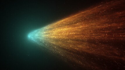 Glowing comet with long dust tail in deep space. Blue nucleus and orange particle trail across starfield, cosmic astronomy and sci-fi background.