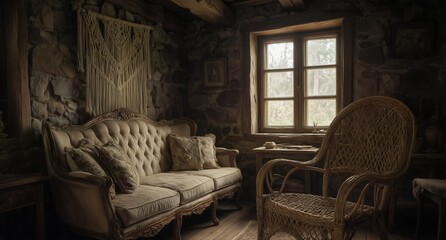 rustic interior with vintage furniture and cozy stone wall decor.