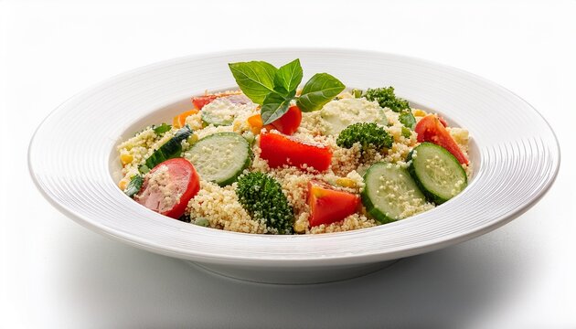 delicious couscous salad with fresh vegetables in a white bowl dish isolated on white background
