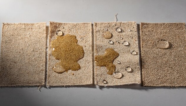 Medium shot of untreated canvas samples laid out while water droplets bead and absorb showcasing natural fabric vulnerability during waterproof testing.