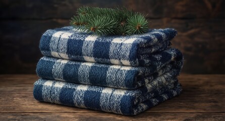 stacked blue and white plaid blankets with a pine branch on rustic wood background for cozy winter scenes.
