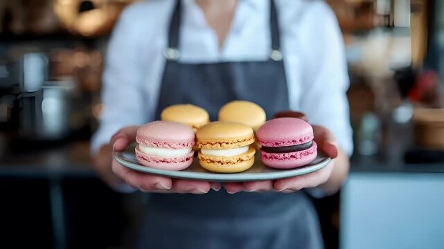 Paris, France, Europe. A closeup shot of a person holding a plate of macarons. The person is wearing a white shirt and a dark apron. The background is blurred.