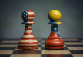 usa and venezuela flags painted on chess pieces symbolizing geopolitical conflict on a chessboard.