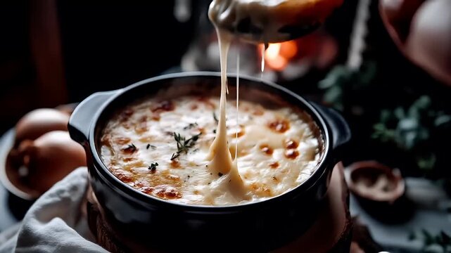 Paris, France, Europe. A closeup shot of a bowl of French onion soup being ladled with cheese. The soup is a creamy white with bits of red and green herbs.