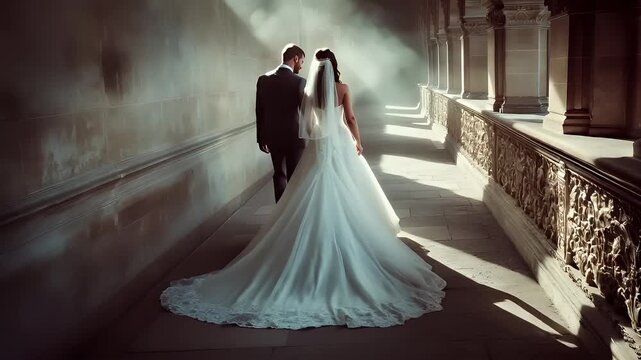 Paris, France, Europe. bride and groom in wedding gowns walking through a corridor with sunlight filtering through the misty atmosphereman in black suit standing against wall with light source.