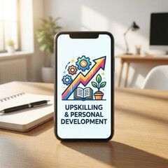 Upskilling concept learning future development skills digital growth icon on smartphone screen on wooden desk with plant in bright office interior Upskilling for future skills